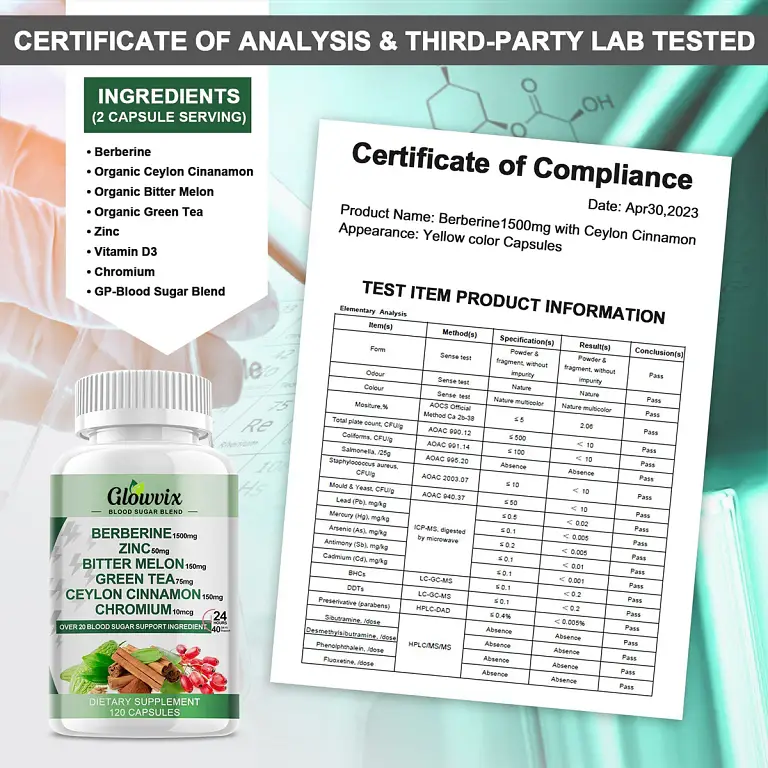 Mega Sale GLOWVIX Berberine Supplement Capsules with Bitter Melon, Chromium, Zinc & Other Natural Herbs 6 GLOWVIX Berberine Supplement Capsules with Bitter Melon, Chromium, Zinc & Other Natural Herbs